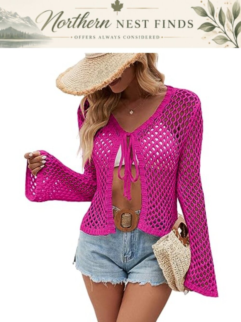 Womens Knit Crochet Tie Front Bell Sleeve Cardigan Shrug Crop Top